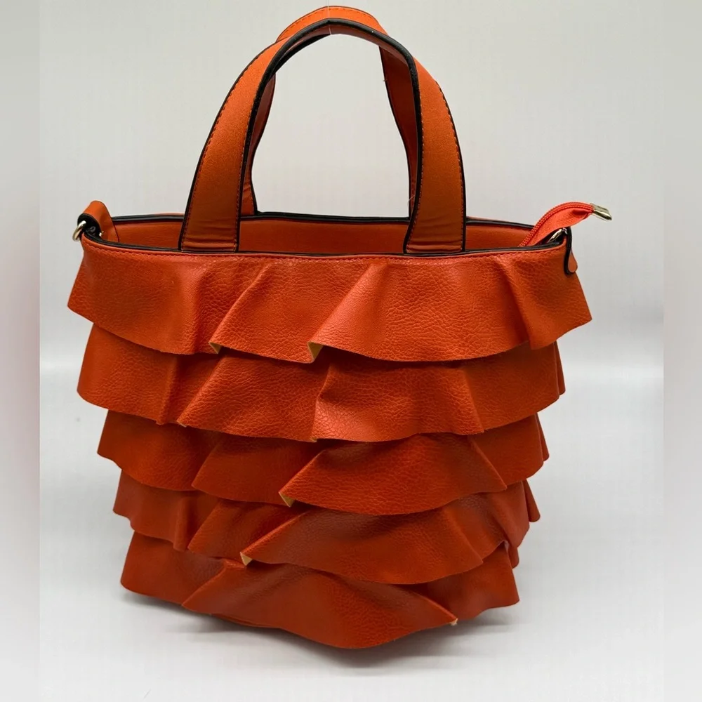 NWOT Orange Ruffle Layered Tote Bag with Handles & Zip - Picture 3 of 11